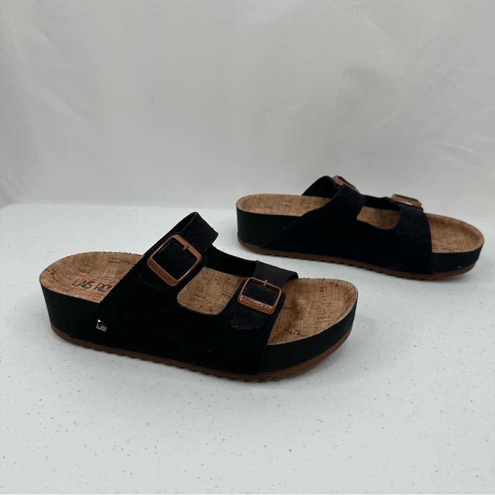 Boaonda Women Double Buckle Slide Black Leather Slip-on Sandal Cork Footbed US 7